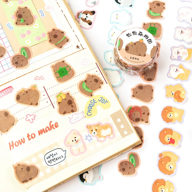 100Sheets Cartoon Graffiti Small Animals Decoration Tape Creative Hand Account Collage Material Sticker Roll School Stationery