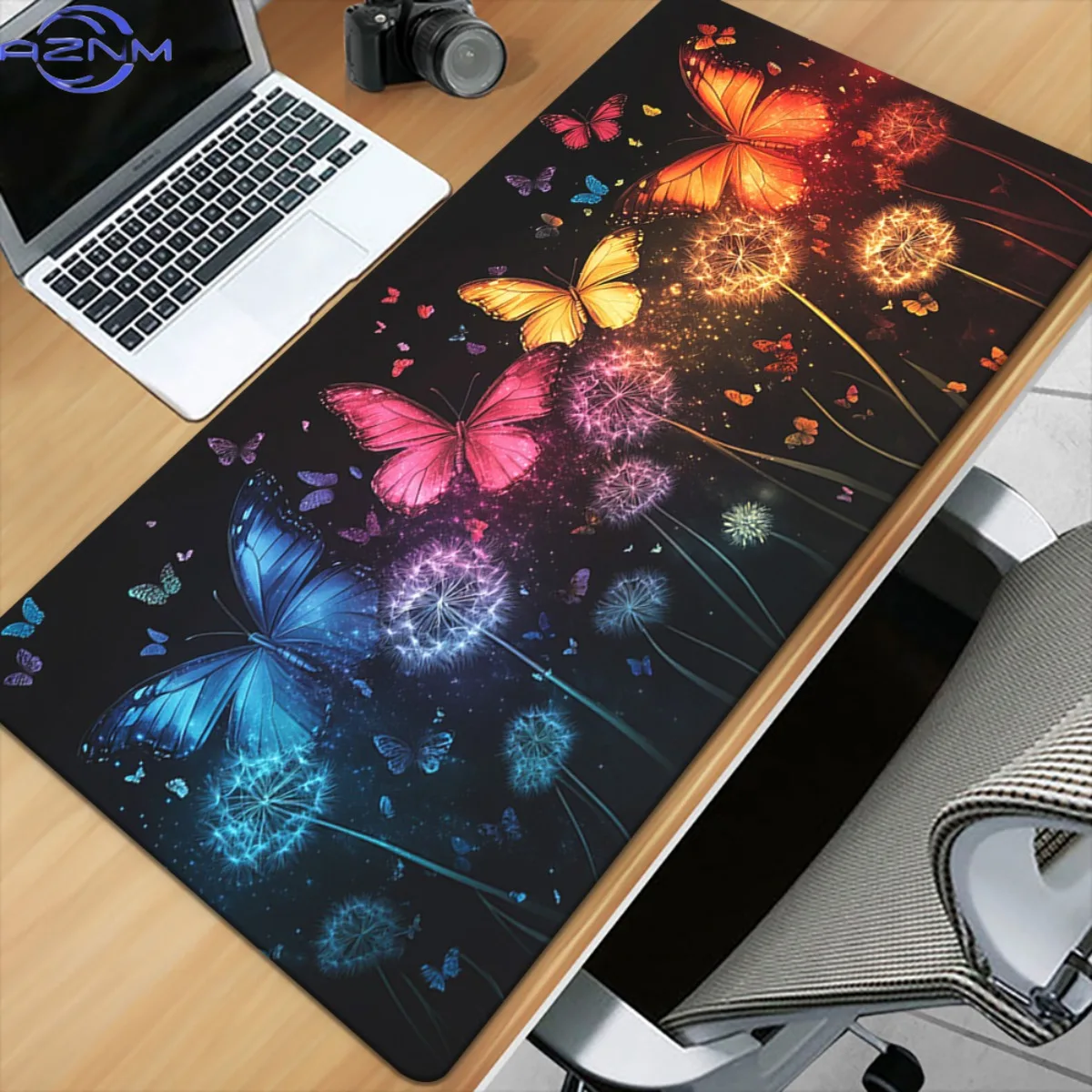 1pc XXL Gaming Desk Mat with Colorful Butterfly & Dandelion Design, Non-Slip Surface & Wrist Rest - HD Printed Mouse Pad for PC