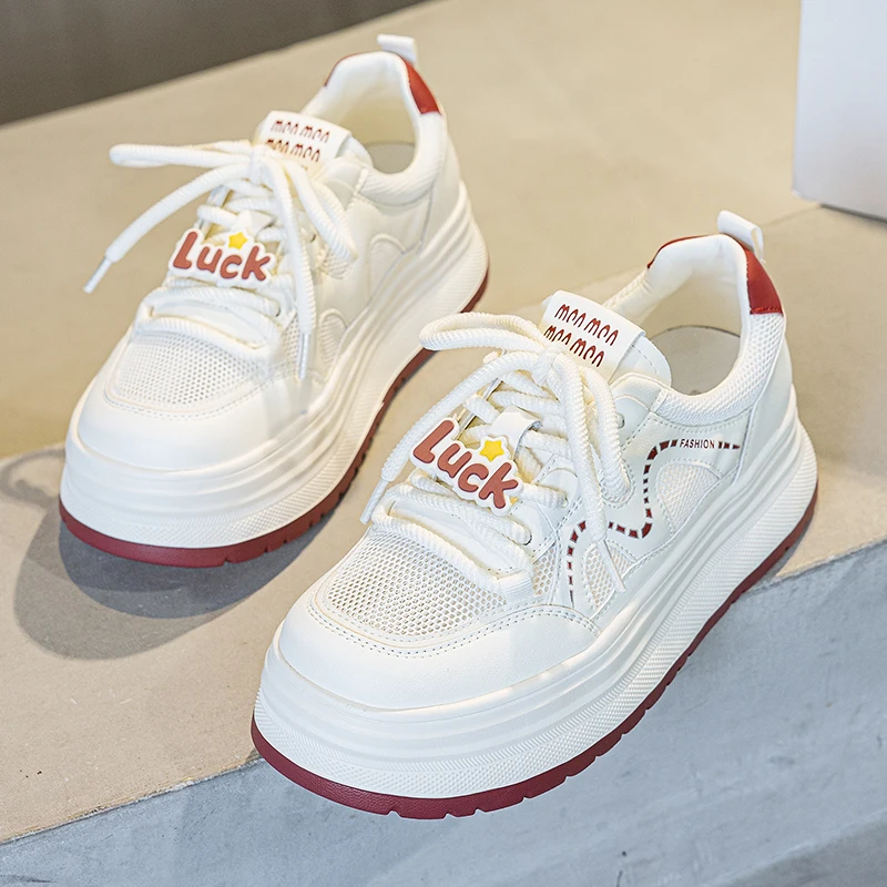 Women's Summer Large Size Shoes 4143 Thick Bottom Breathable White Shoes 42 Genuine Leather Mesh Casual Board Shoes Versatile...