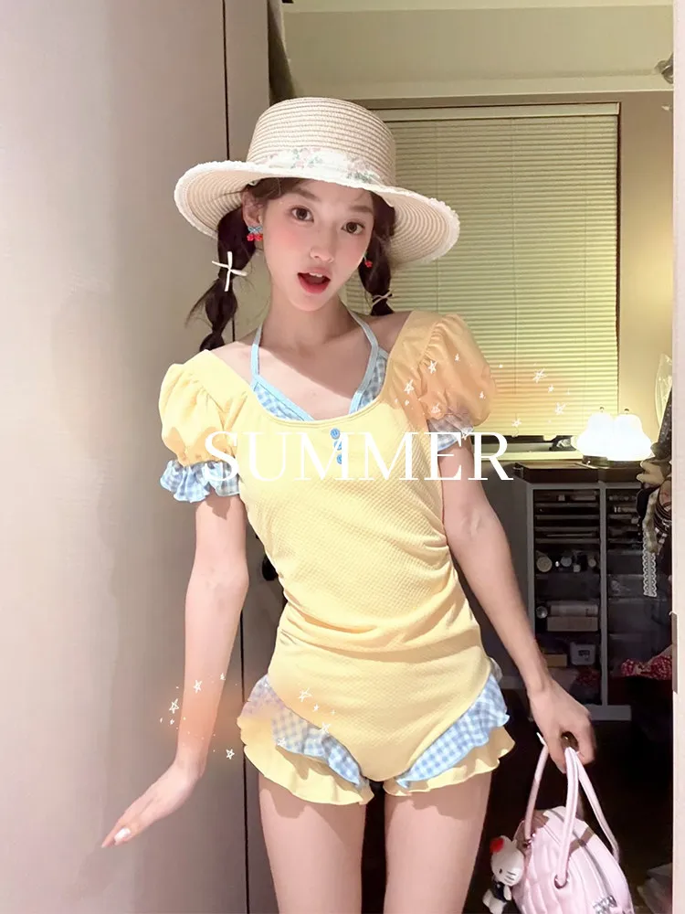 Sweet Yellow Waffle Knit One Piece Swimsuit Puff Short Sleeve Side Ruched Slim Fit Ruffle Hem Cute Summer Beach Bathing Suit