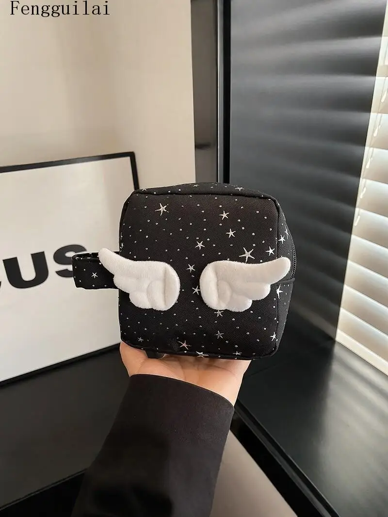 Girls Cute Star Print Cosmetic Storage Bag 3D Plush Angel Wings Design Portable Zipper Travel Makeup Pouch Handbag
