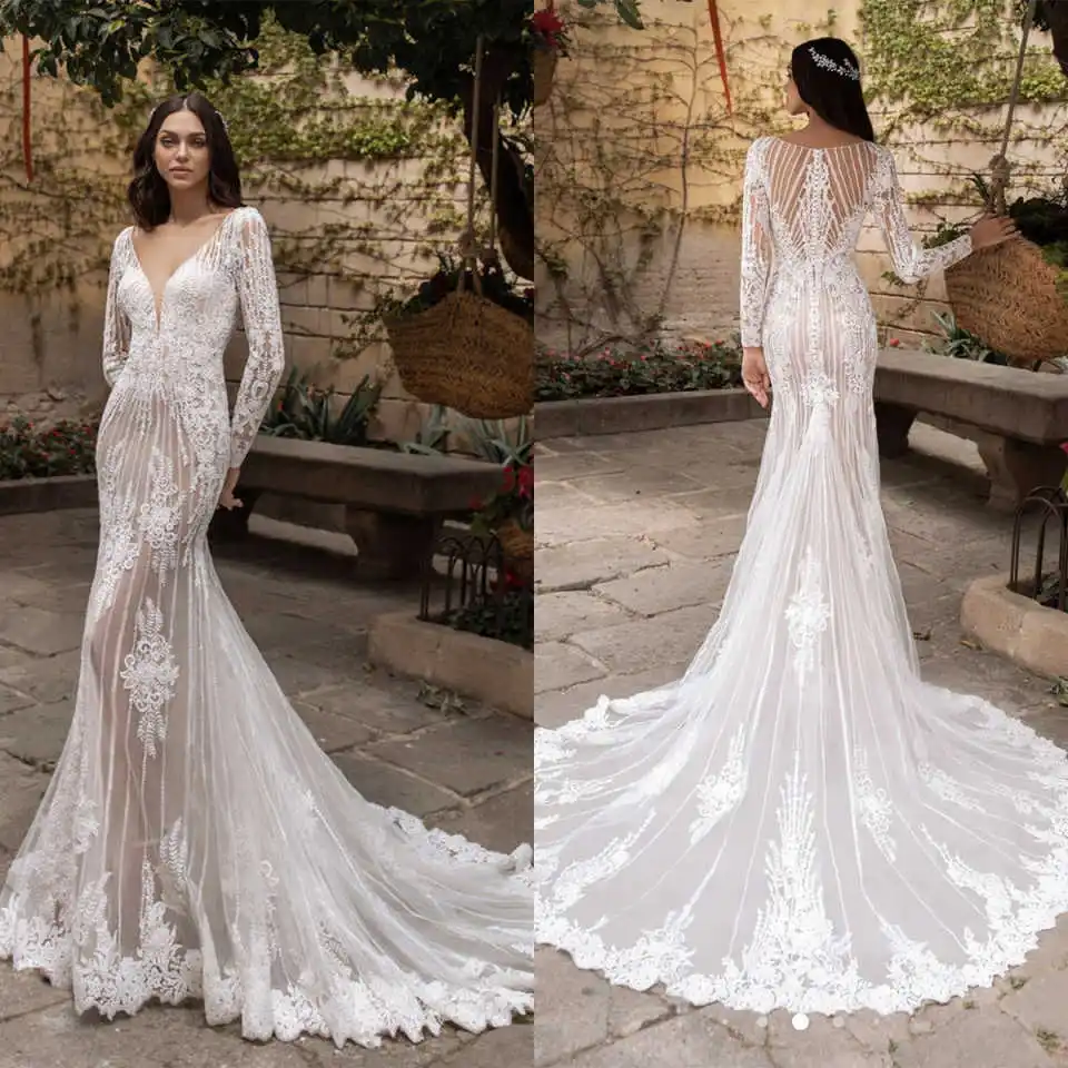 

Elegant Plunging Neckline Mermaid Wedding Dresses With Full Sleeve Delicate Sash Appliques Bridal Gowns Sweep Train Backless