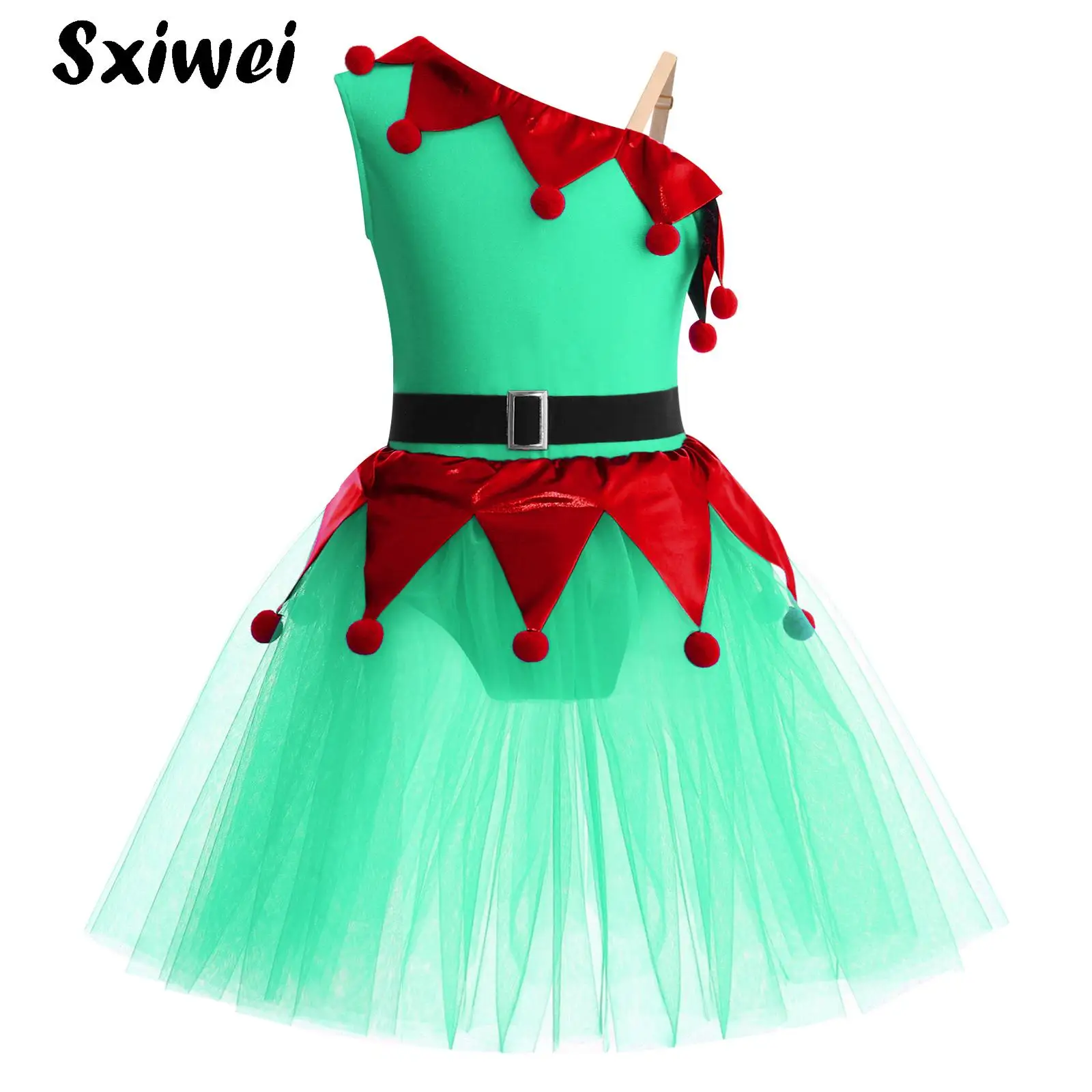 

Asymmetrical Mrs Santa Claus Costume for Kids Girl Mesh Tulle Tutu Christmas Dance Dress Ballet Figure Skating Leotard Dancewear