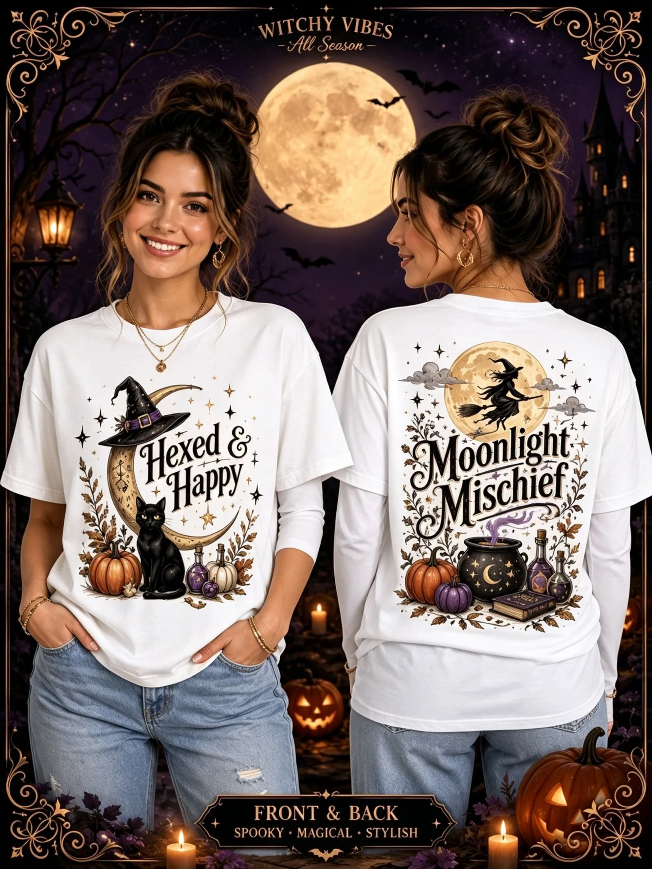 Women's Halloween Moon Witch Black Cat Pumpkin Magic Medicine Bottle Printed Loose Round Neck Short Sleeve T-shirt