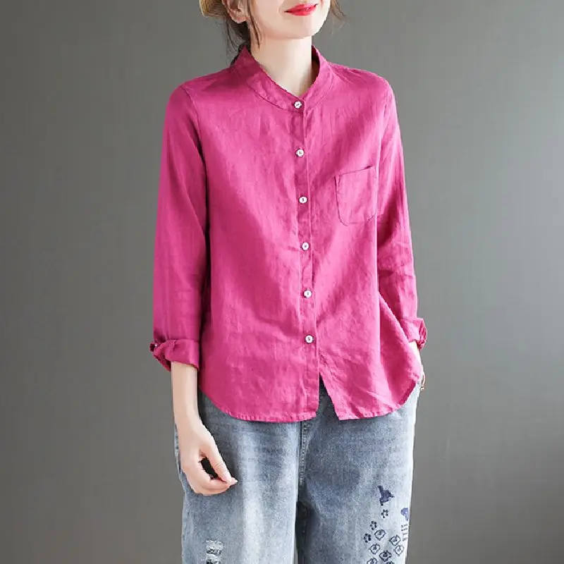 2023 primavera autunno nuovo colore solido colletto alla coreana camicia a maniche lunghe donna moda Casual confortevole cotone canapa