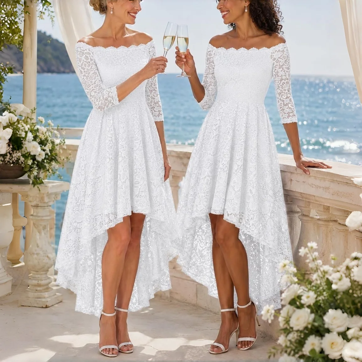 Customized Lace Hi Lo Bridesmaid Wedding Dresses Off Shoulder Half Sleeves Elegant Celebrity Dress Quality Prom Party Gowns