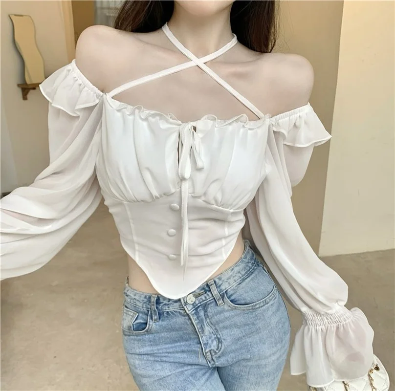 Long Sleeve Ruffled Chiffon Shirt Off The Shoulder One Slim Fit Crop Top Sexy Trumpet   Fungus Lace Up Blouse Retro