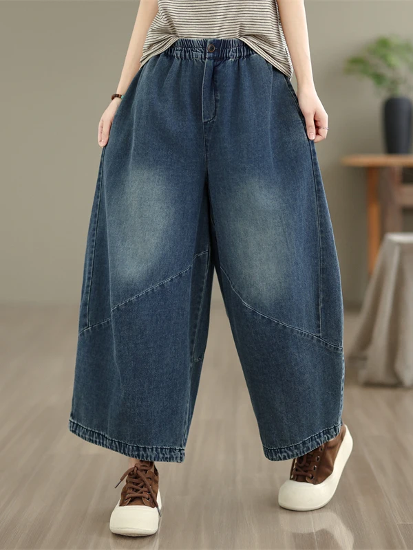 

Элегантные женские модные свободные брюки-палаццо с эластичным поясом, укороченные, в художественном стиле, повседневные, из хлопка, джинсы, летние, для женщин