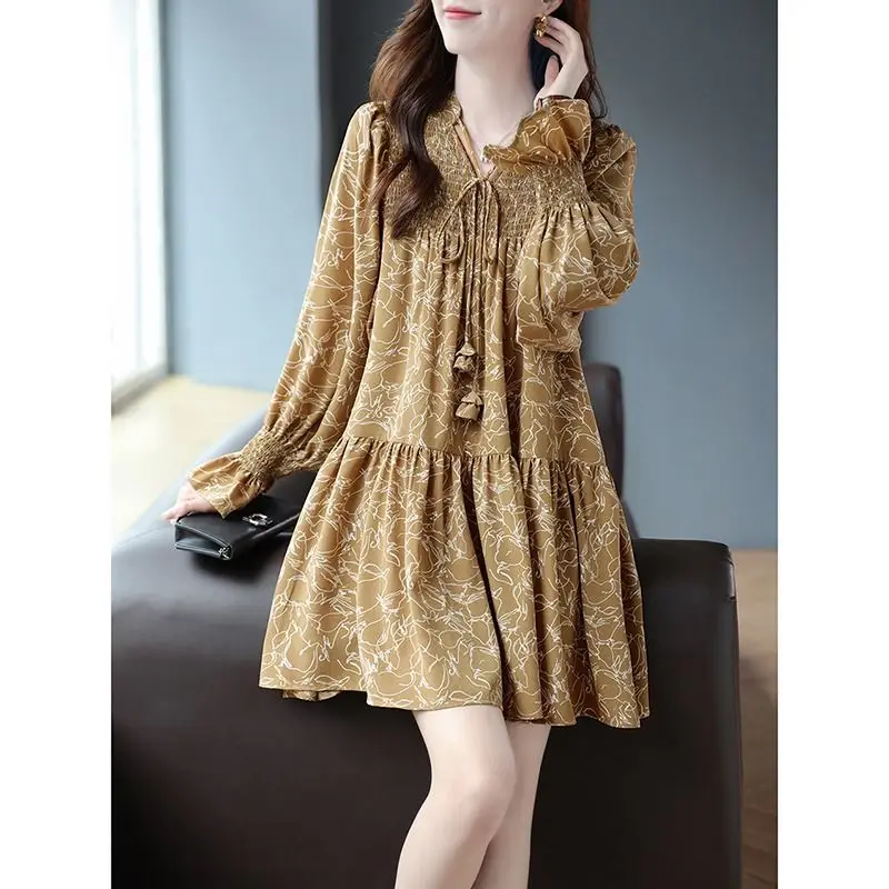 

Fashion Printed Spliced Folds Lace Up Floral Dress Women's Clothing 2023 Autumn Winter Loose Casual Butterfly Sleeve Mini Dress