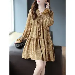 Fashion Printed Spliced Folds Lace Up Floral Dress Women's Clothing 2023 Autumn Winter Loose Casual Butterfly Sleeve Mini Dress