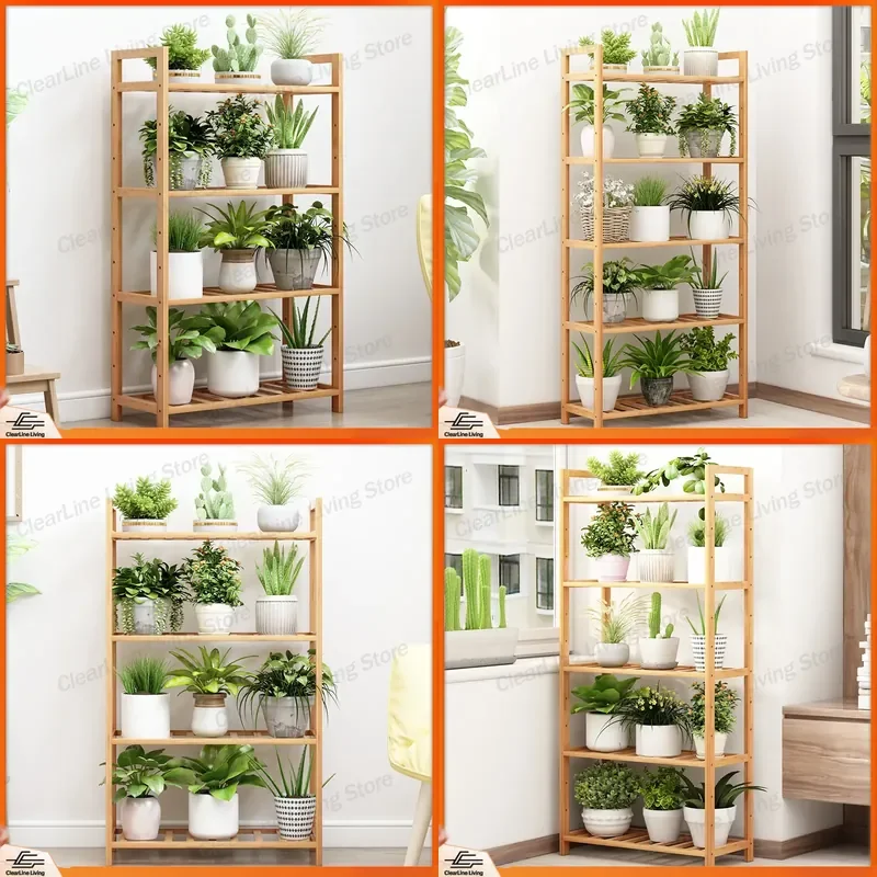 Simple Bamboo Floor Flower Shelf Bookshelf for Home Office Storage Rack Kitchen Wooden Frame Plant Stand Display Unit