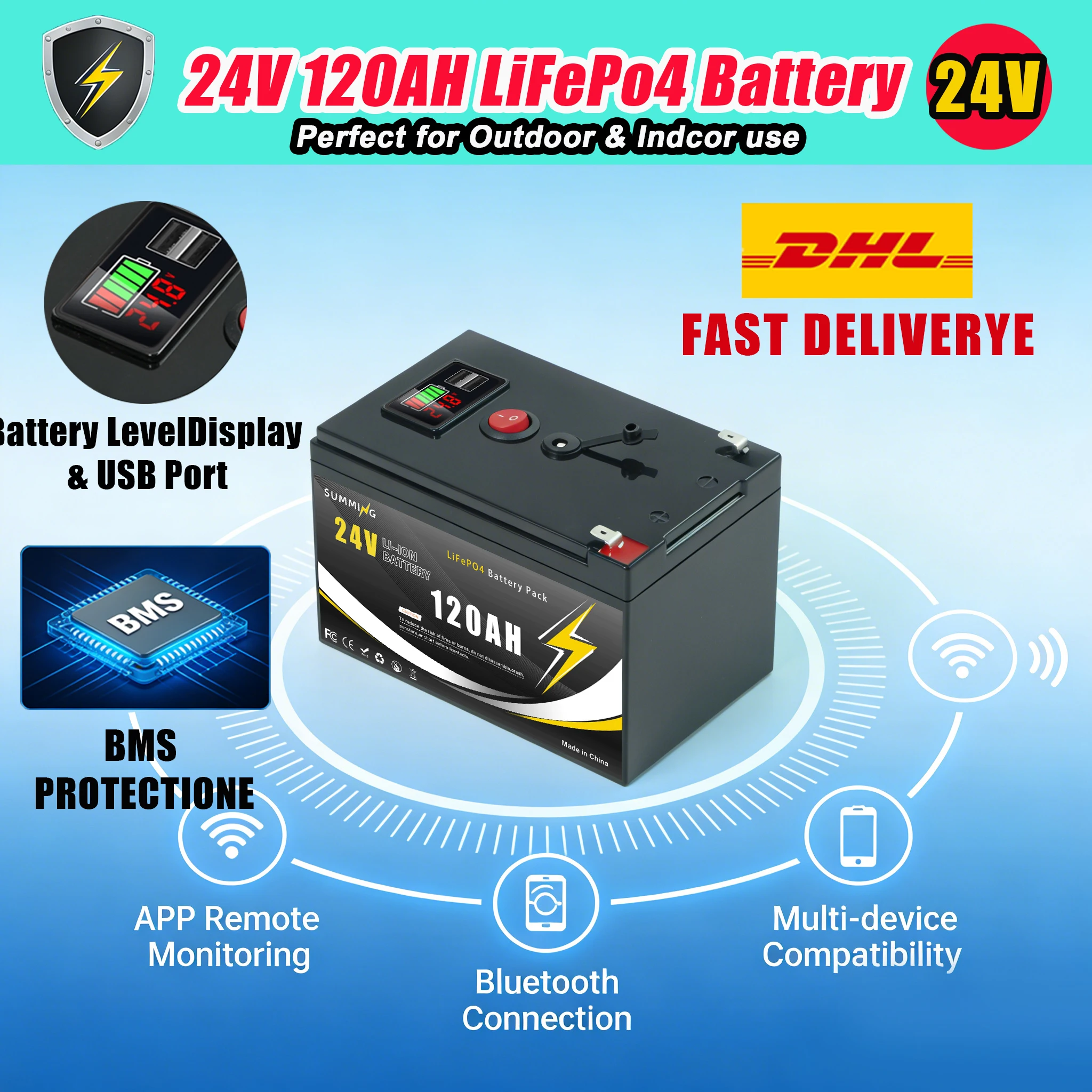 

Lithium Battery 24V 120AH⏱️LiFePO4 Battery with Smart BMS️-Ideal for Solar Power, RV, Marine&Off-Grid Home Energy Storage