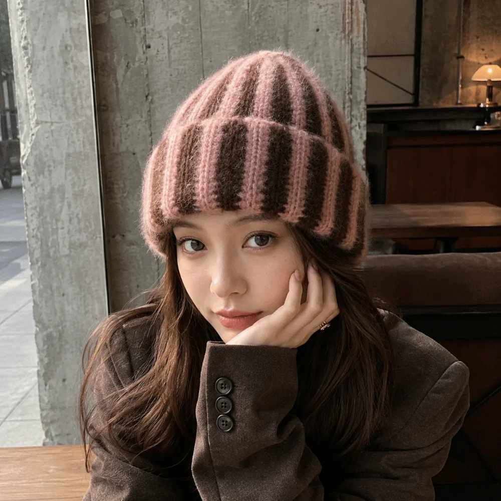 Fashion Color Blocked Striped Beanie Hat Soft Thick Ribbed Knit Cap Thermal Windproof Warm Hat Gift