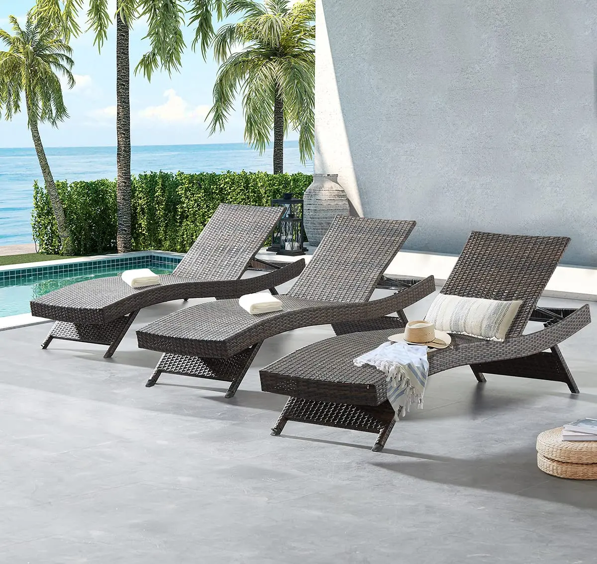 79'' Wicker Reclining Chaise Lounge Set of 3 Outdoor Patio Rattan Double Sunbathing Chair Lawn Beach Pool Backrest, Customized