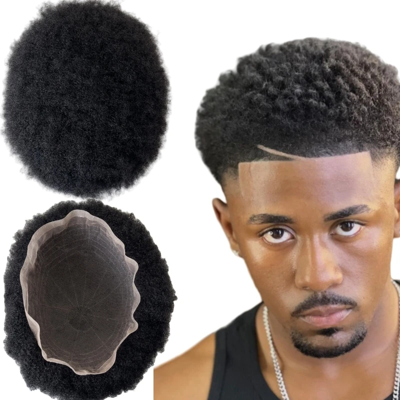 4mm Afro #1b Natural Black Indian Virgin Human Hair Replacement 8x10 Toupee Full Lace Unit for Black Men