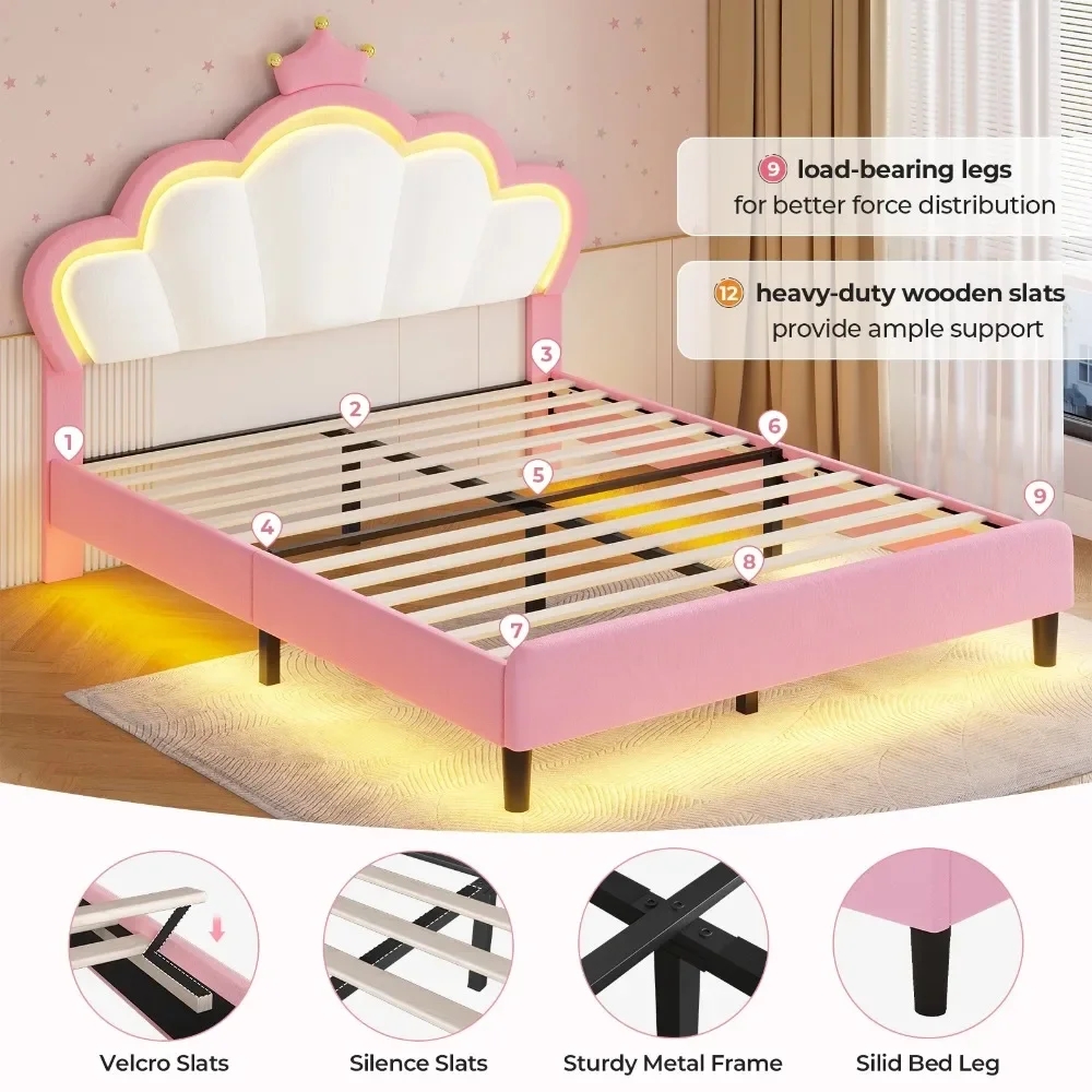 

Velvet Upholstered Platform Beds with Princess Crown,Princess Bed with Adjustable Headboard,Pink Queen Bed Frame with LED Lights