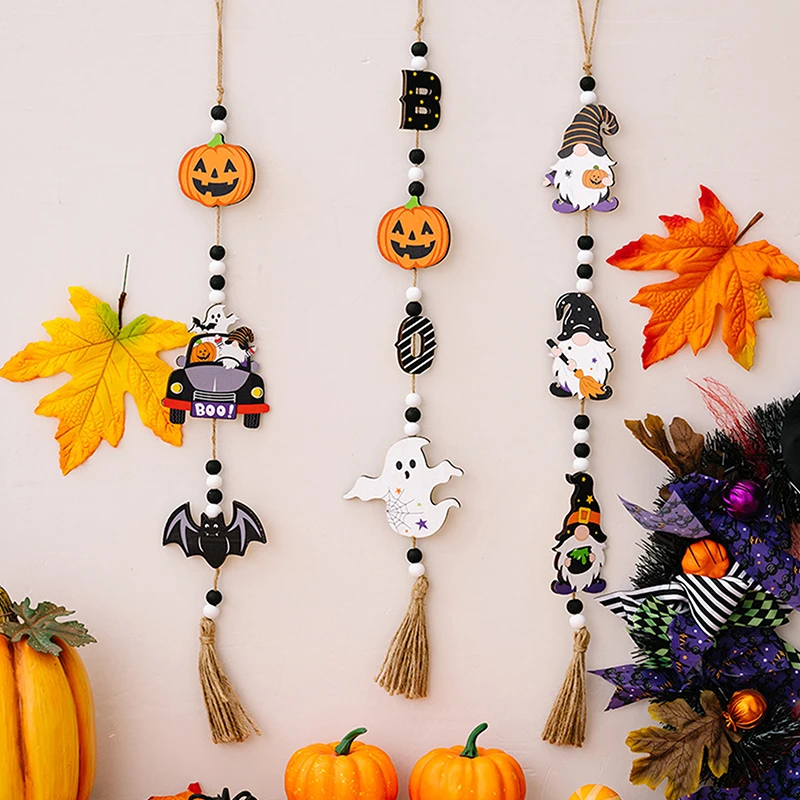 ハロウィーン、ノーム、カボチャ、バット、ゴースト、ハンギングオーナメント、パーティーデコレーションクラフト用の木製ビーズペンダント