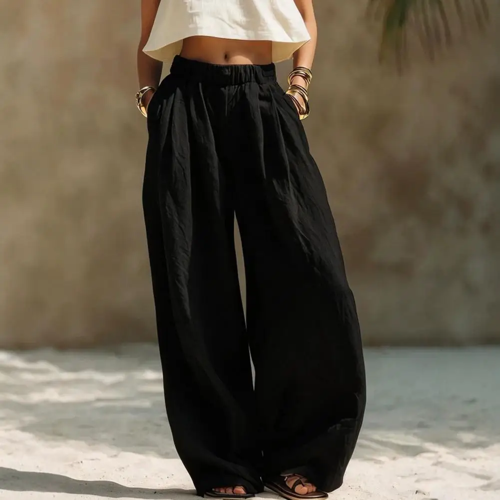 Women Pants Women Wide Leg Casual Pants Elastic Waist Loose Trousers with Pockets Pleated Palazzo Pants for Spring Fall Comfort