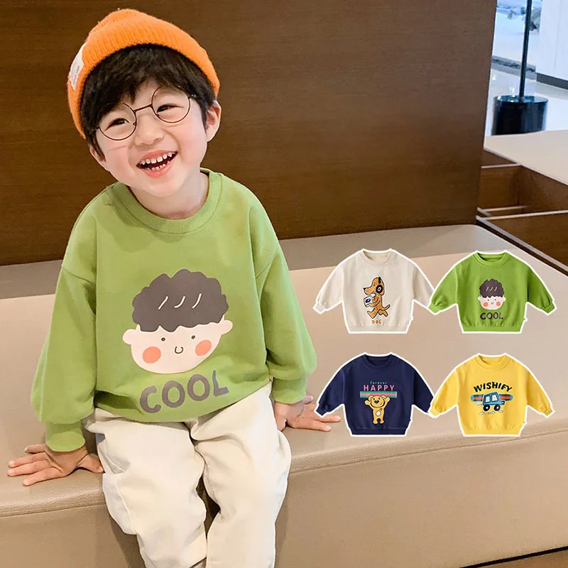 

Cartoon Print Children Sweater Solid Color Toddler Pullover Tops Autumn Cotton Clothes Korean Boy Girl Long Sleeved Kids Costume