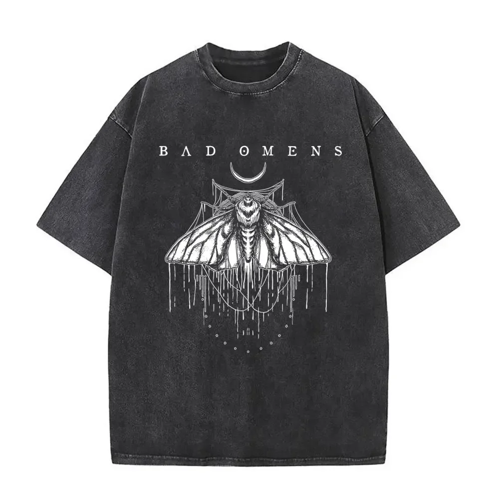 Washed Vintage Bad Omens Print T-shirt Funny Moth Graphic Tshirt Men Women Fashion Hip Hop Streetwear Short Sleeve T-shirts Male