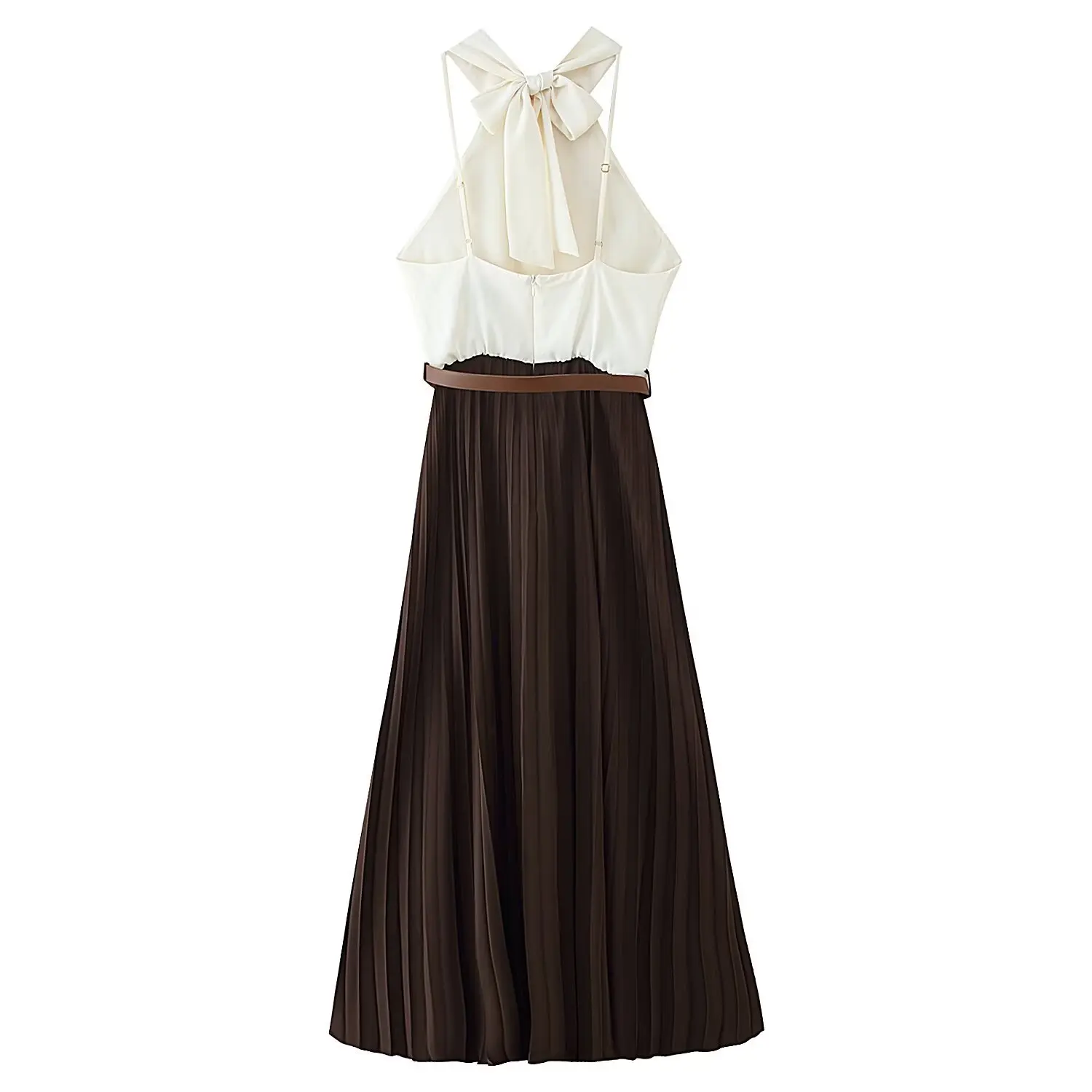 

Women's Elegant Pleated Combination Midi Dress Halter Neck Open Back Long Dress with Belt Fashion Autumn 2025 Sexy