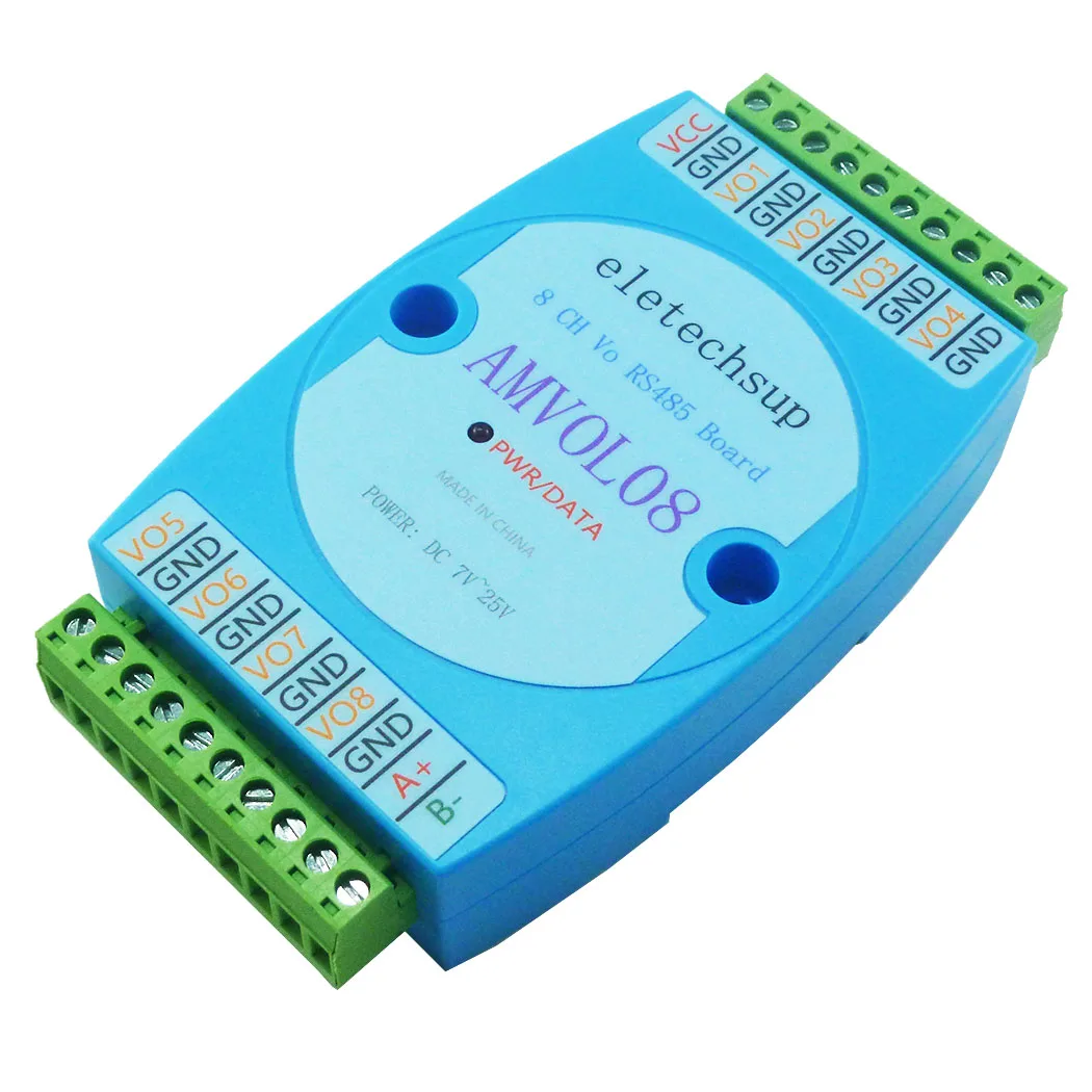 AMVOL08 8 Channel Analog Output 0-10V 0-5V AO Module RS485 Modbus RTU To Voltage PLC Remote IO Expansion Board