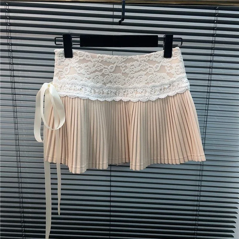 Letnie plisowane spódnice dla kobiet Koronkowy patchwork Jupe 2025 Faldas Mujer De Moda Cute Saia Y2k Estetyczna bandażowa kokardka Mini spódniczka