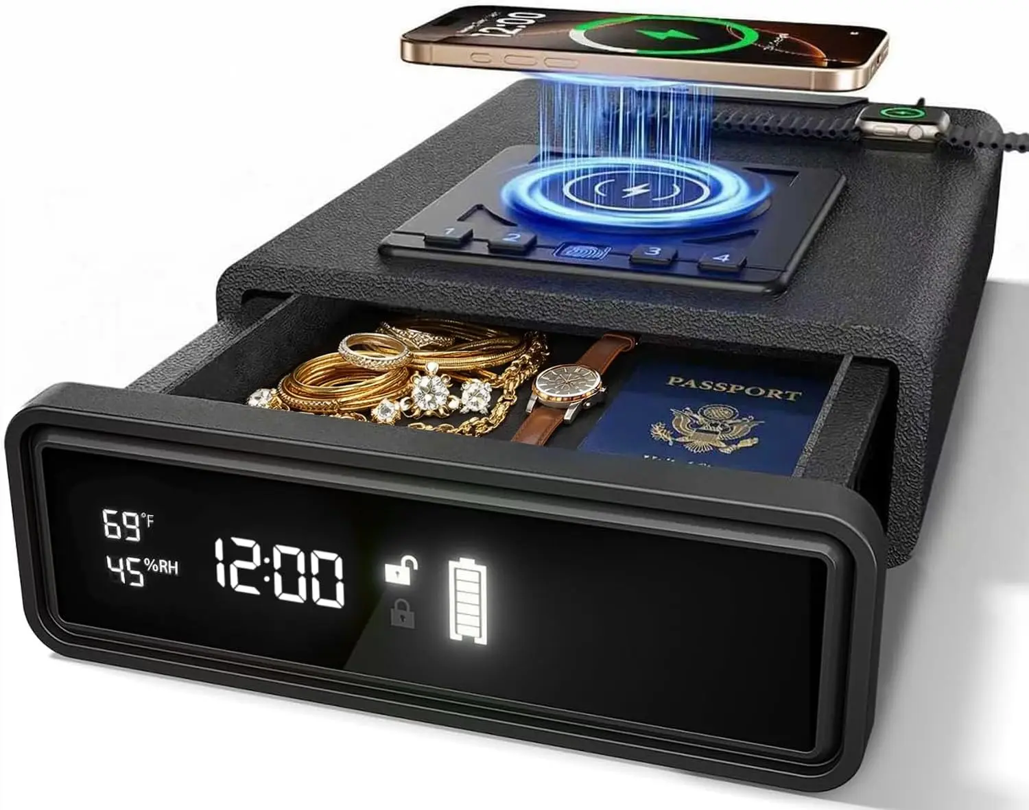 Smart Biometric Gun Safe with Phone & Watch Wireless Charging, 3 Access Unlock Ways, Drop Slot Safes – LED Display, Humidity & T