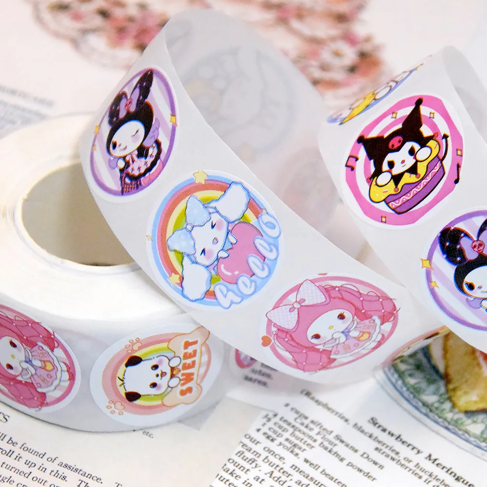 Pegatinas de sellado de Sanrio, calcomanías de PVC para ordenador portátil, decoración de Stiker, recompensa, regalo, juguetes, 500 piezas por rollo