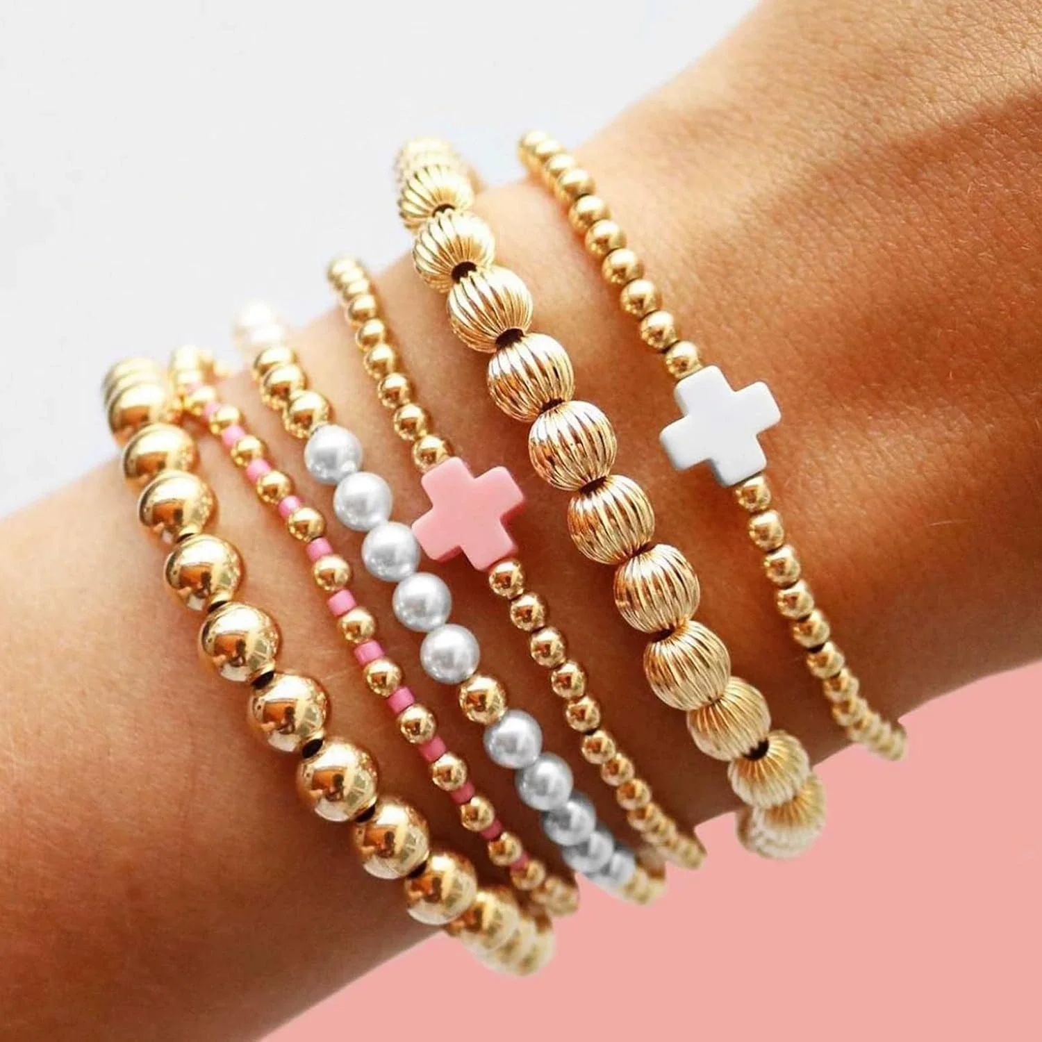 Stackable Multi Layer Gold Beaded Stretch Bracelet Set Pink & White Cross Charm Pearl Ball Bracelets Bohemian Stack Jewelry for Women