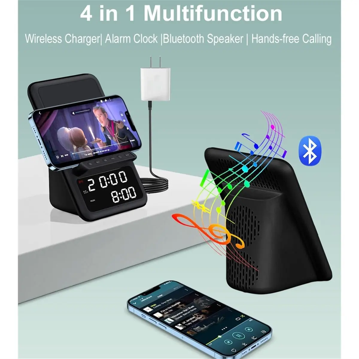 A86G NEW Wireless Charging Station with Bluetooth Speaker and Alarm Clock,Wireless Charger for ,Android Phones