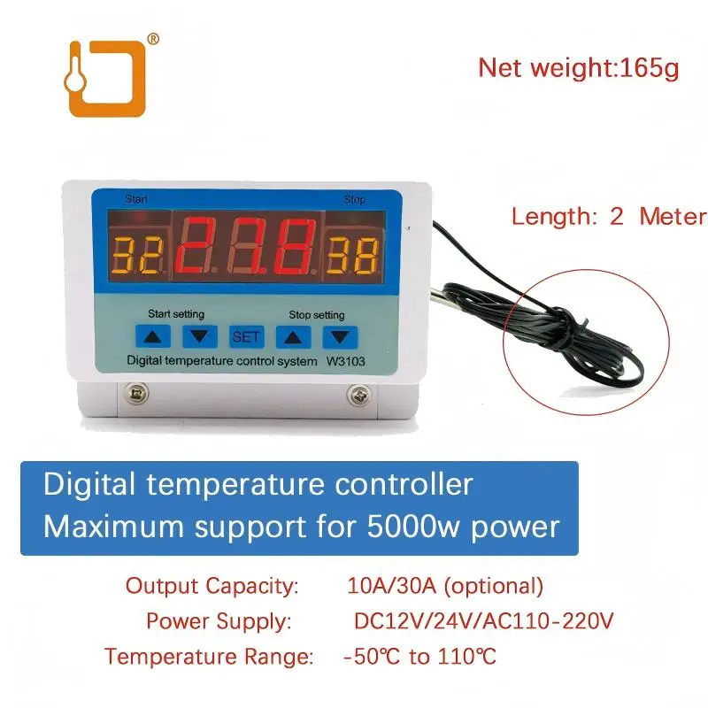 

Digital Temperature Controller High Power 30A Automatic Temperature Controller Adjustable Temperature Model W3103 12V/24V/220V