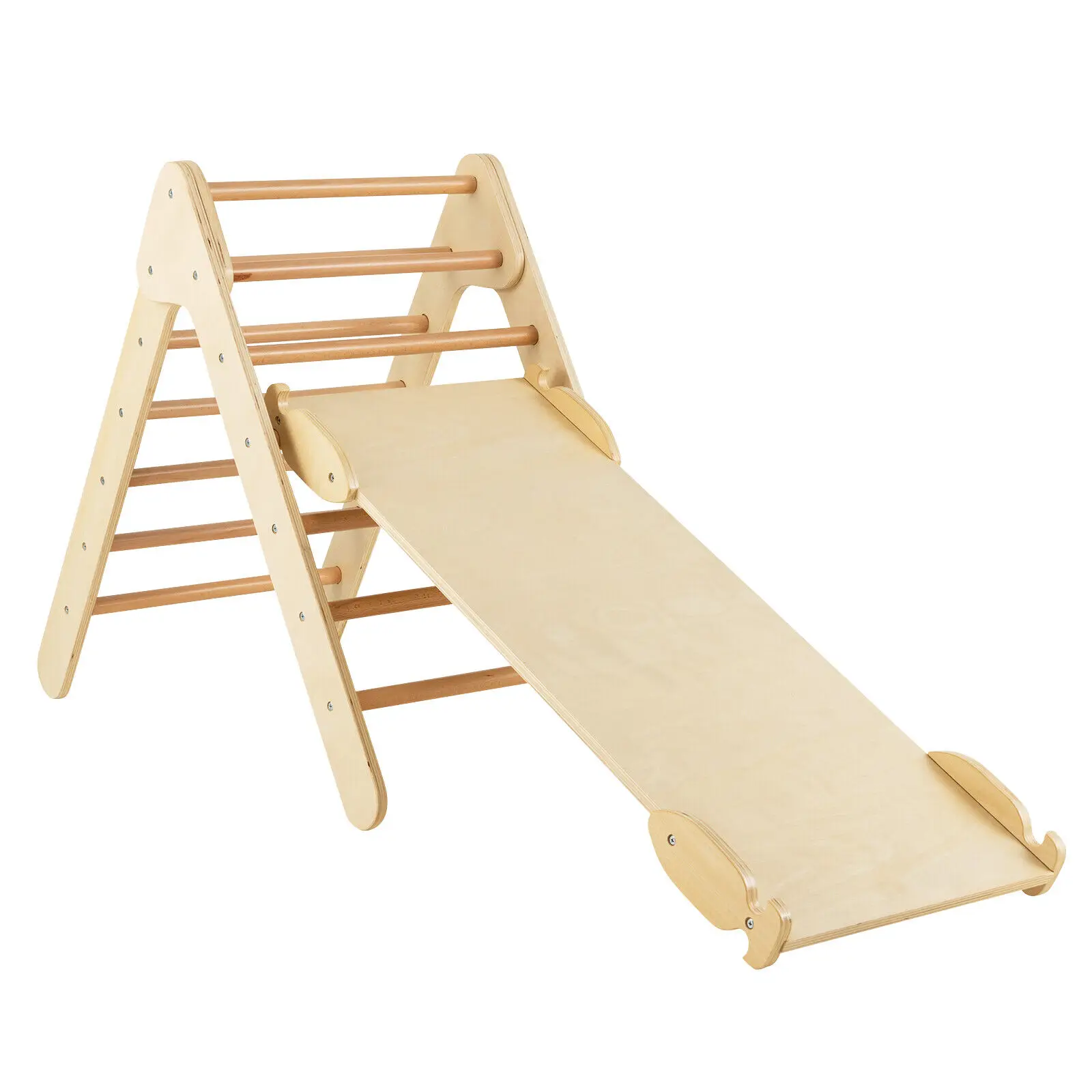 Babyjoy 3-in-1 Wooden Climbing Triangle Set Triangle Climber w/ Ramp Natural