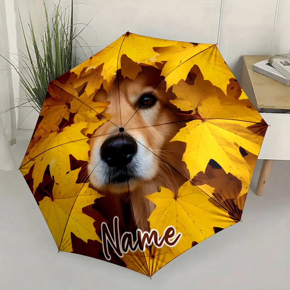 Custom Name Golden Fall Dog Umbrella with Personalized Design Print 8 Iron Ribs Folding Umbrella, Auto-Open Fashion Sunshade