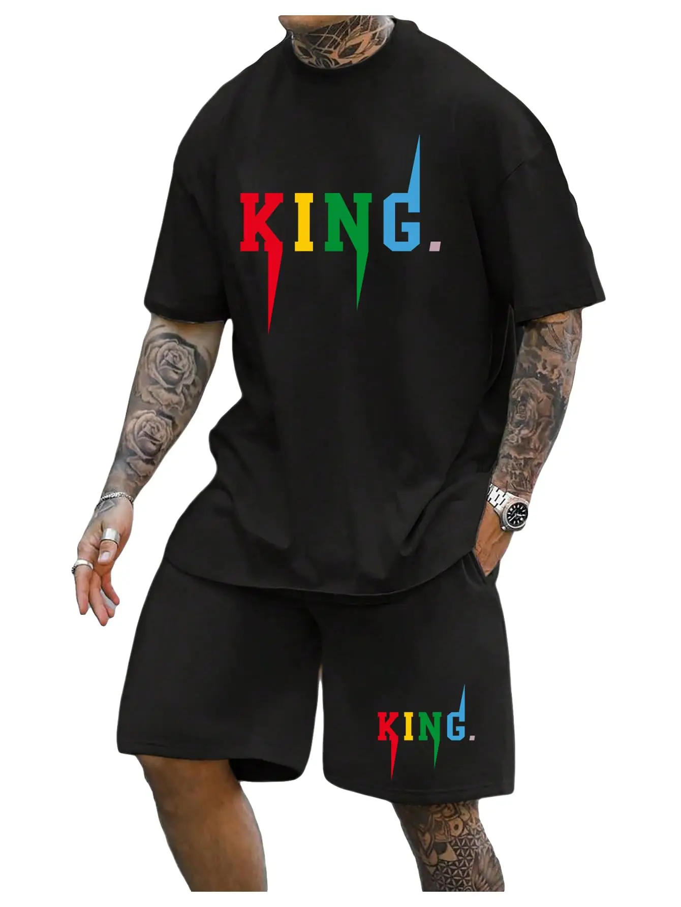 

Летняя хлопковая футболка с буквенным принтом KING, шорты, комплект из двух предметов, повседневный мужской модный тренд для отпуска, High Street Harajuku