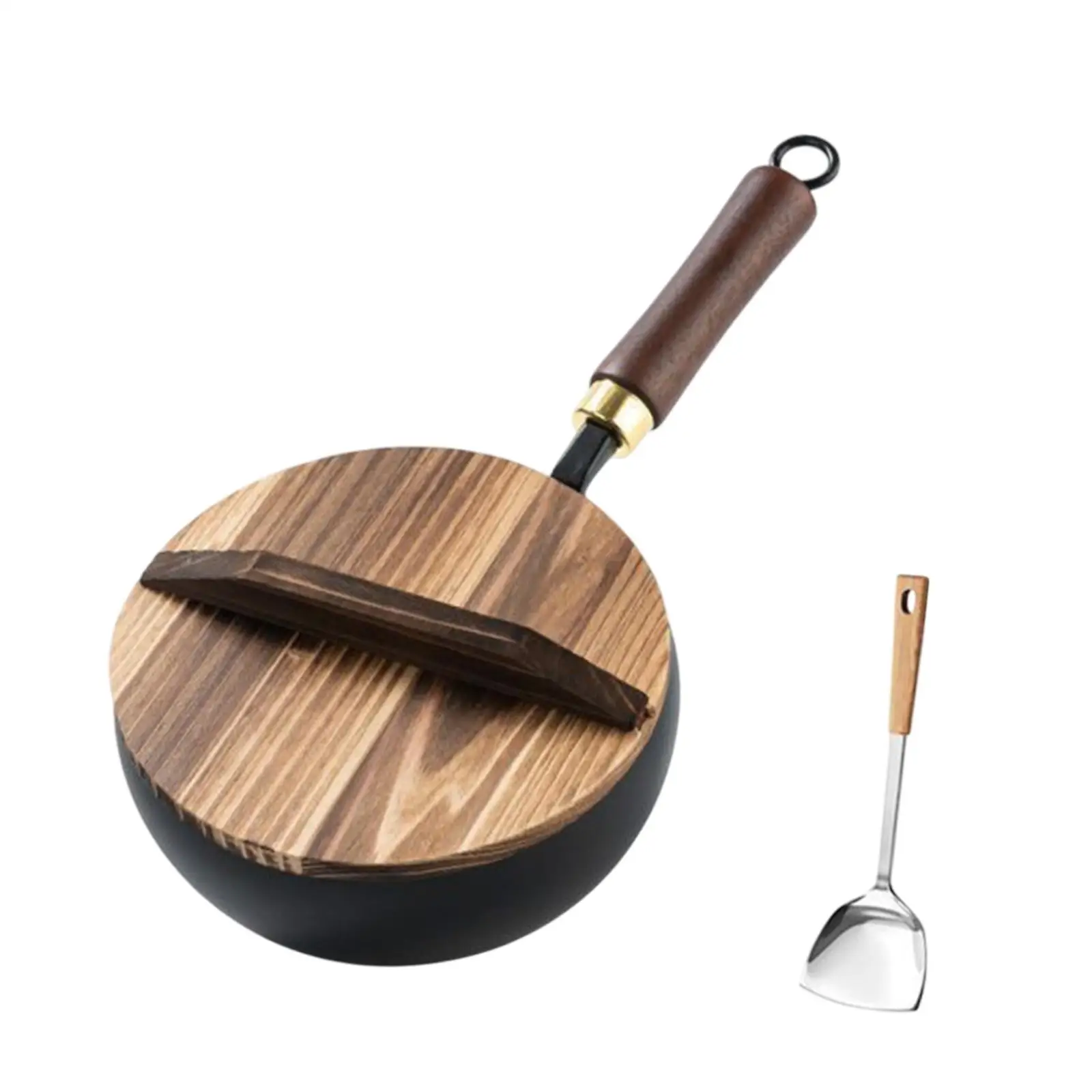 

Wok Pan Easily to Clean with Wooden Lid Cooking Pan Flat Bottom 10.24inch