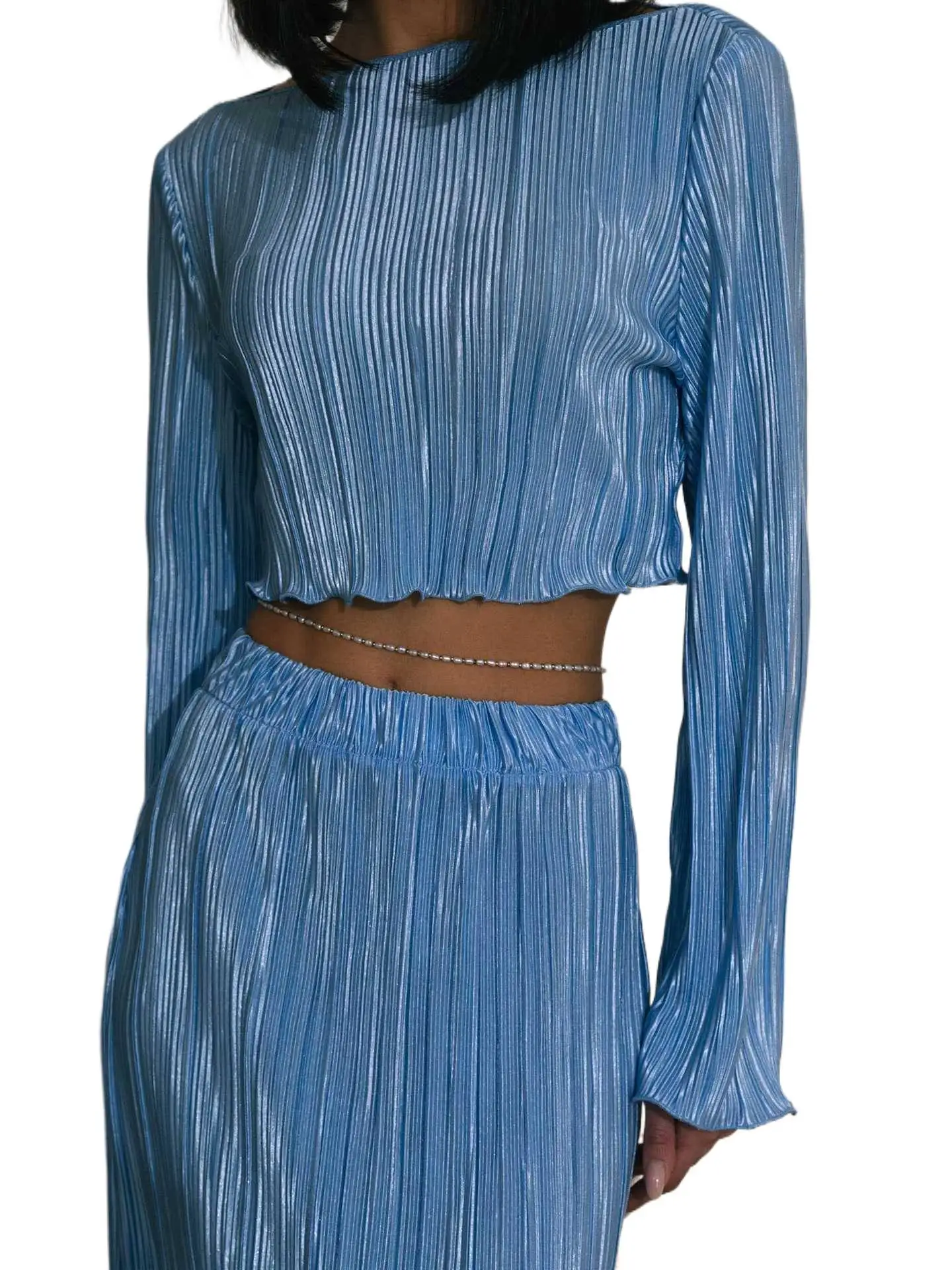 

Two Piece Set For Women Pleated Long Skirt Casual Sexy Ruffled Crop Tops Loose High Waist Elegant Long Sleeve Solid 2 Piece Sets