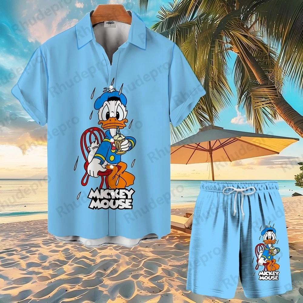 

Гавайская рубашка Disney Donald Duck, рубашка на пуговицах, мужские шорты с Микки Маусом, рубашка Aloha, мужские и женские шорты из мультфильма