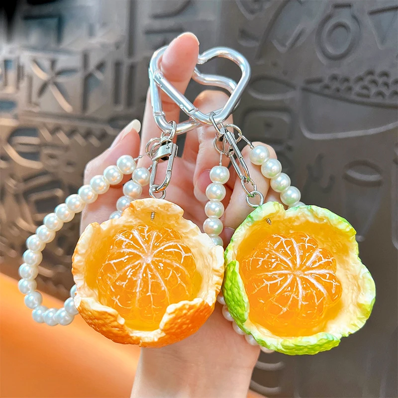 Cartoon Fruit Orange Keychain Pendant Orange Decorative Pearl Beaded Wind Chime Ornament Bag Charm Fashion Versatile Accessories