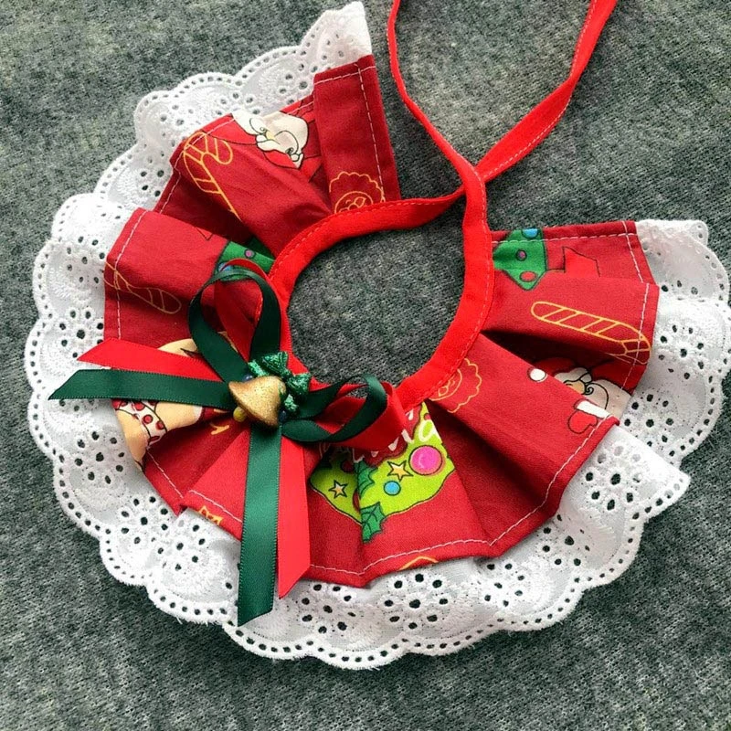 Christmas Pet Bib Lace Bow Collar Scarf With Bell Cat Kitten Cute Plaid Pattern Collar Necklace Pet New Year Costume Accessories