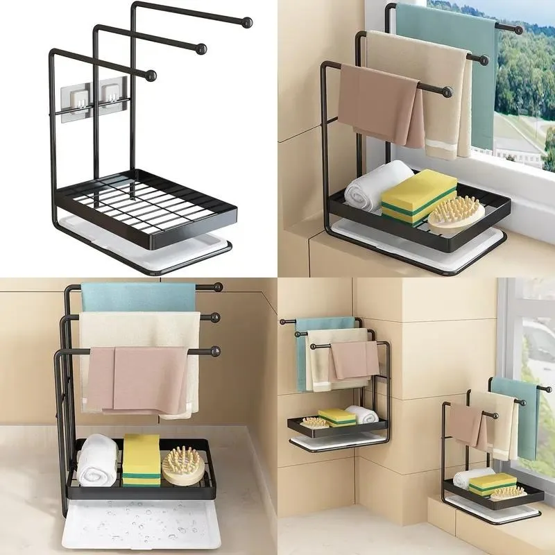 Vertical Metal Towel Storage Rack Sponge Holder Drain Board Anti-rust Multifunctional Modern Space Saving for Kitchen