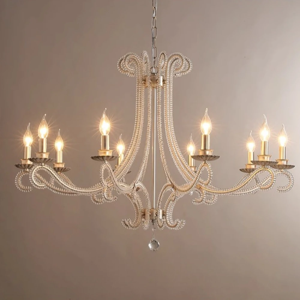 Retro Led Candle Crystal Chandelier for Living Room Dining Room Bedroom Duplex Building Antique Silver Brushed Iron Pendant Lamp