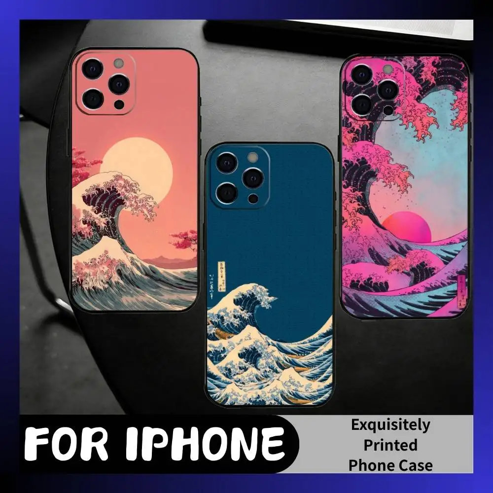 

Artworks On The Theme Of Tsunami Phone Case For iPhone17,16,15,14,13,12 Plus,Max Soft Silicone Black Cover