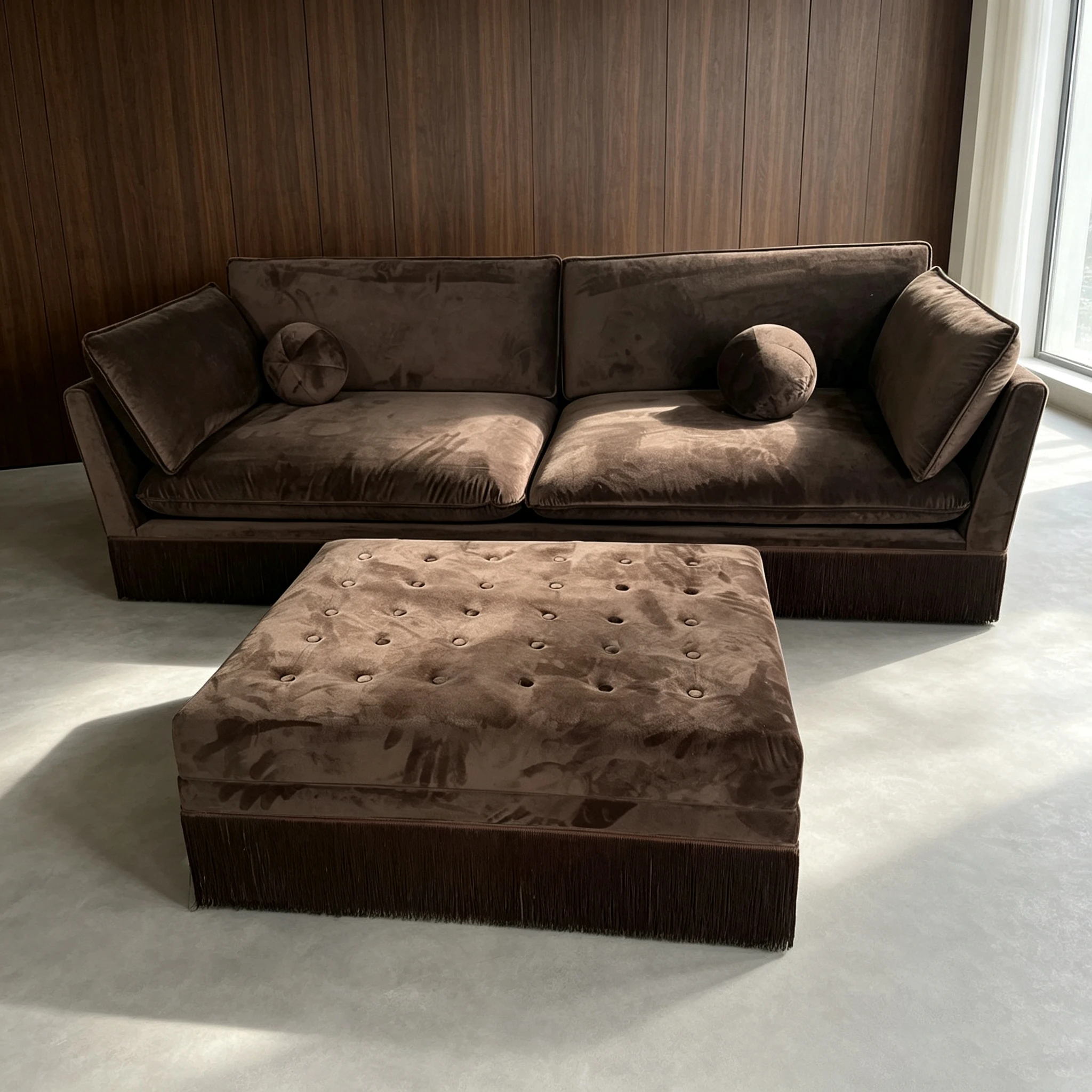 &Luxury Brown Velvet Living Room Sofa Brown Fringe Skirt Detachable Legs Back Same Height As Arm Modern Couch Home Furniture Set