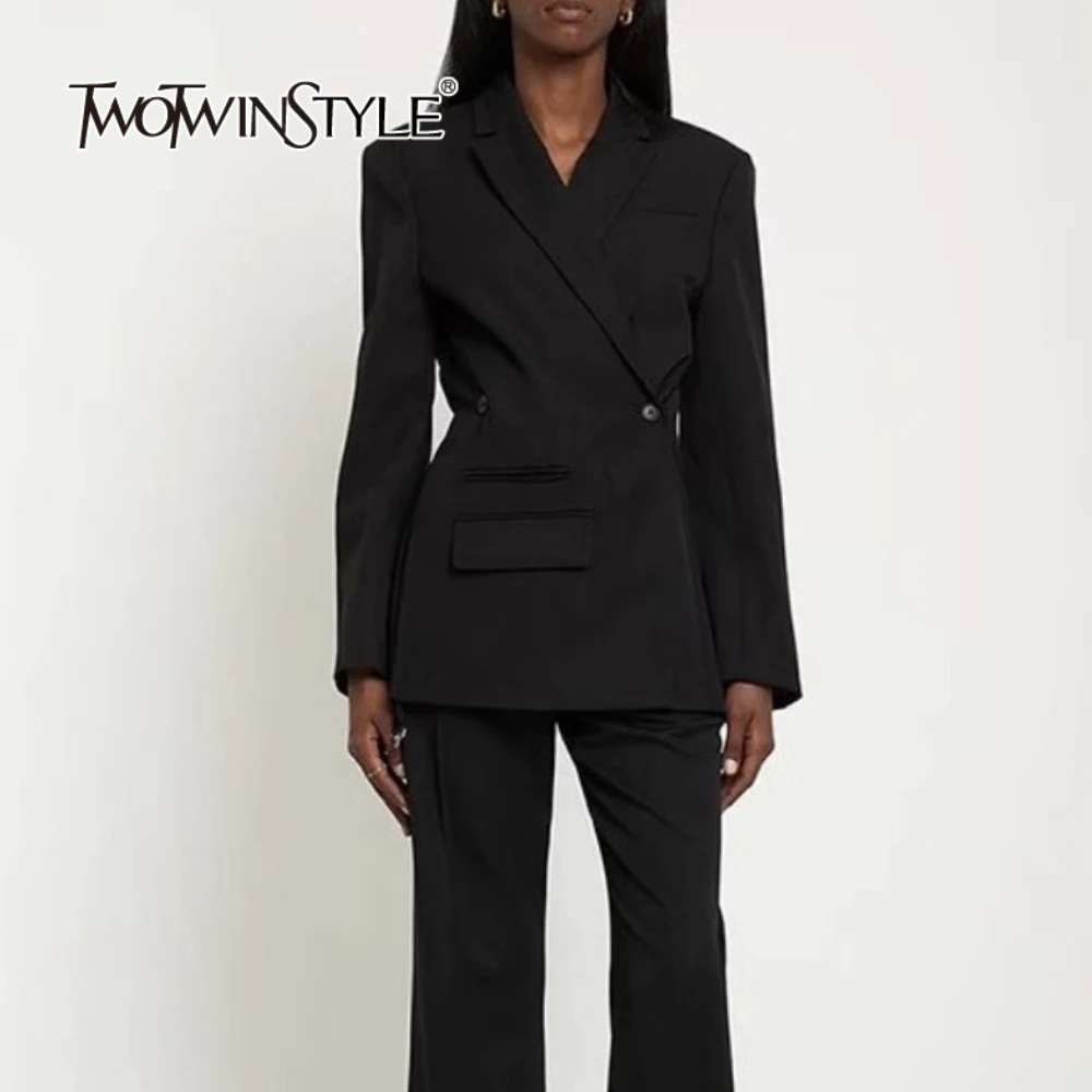 

TWOTWINSTYLE Solid Slimming Spliced Double Breasted Elegant Blazers for Women Lapel Long Sleeves Minimalist Blazer Female New