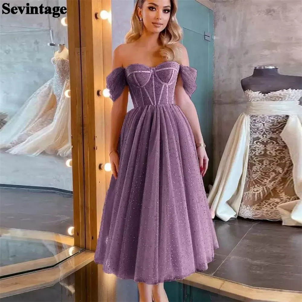 

Sevintage Glitter Sequin Tulle Prom Dress Off The Shoulder Pleat Ruched Princess Homecoming Dresses vestidos de graduación 2024