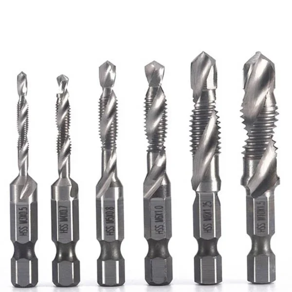 6Pcs M3-M10 Screw Tap Drill Bit High Speed Steel Screw Tap Woodworking Metric Combination Drill Bit High Speed Steel Titanium