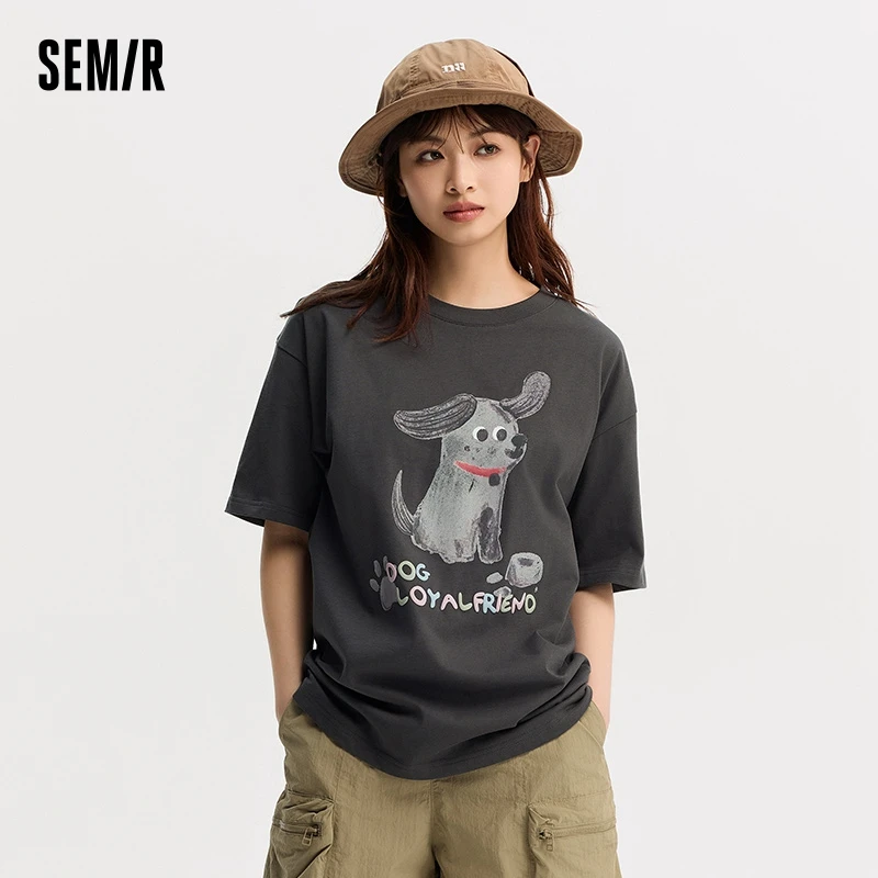 Semir T-Shirt Women Medium-Length Cotton Loose Fun 2024 Summer Short Sleeve New Printing Tops Cute Tide Cool T shirt