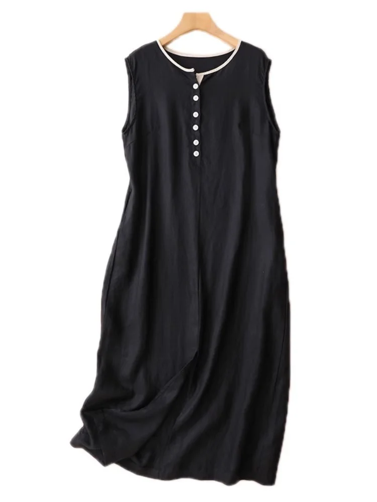 النمط الفني سترة كتان عادية فستان للنساء الصيف الراقية مزاجه اللون منعت الجولة الرقبة بلا أكمام Ddress W388