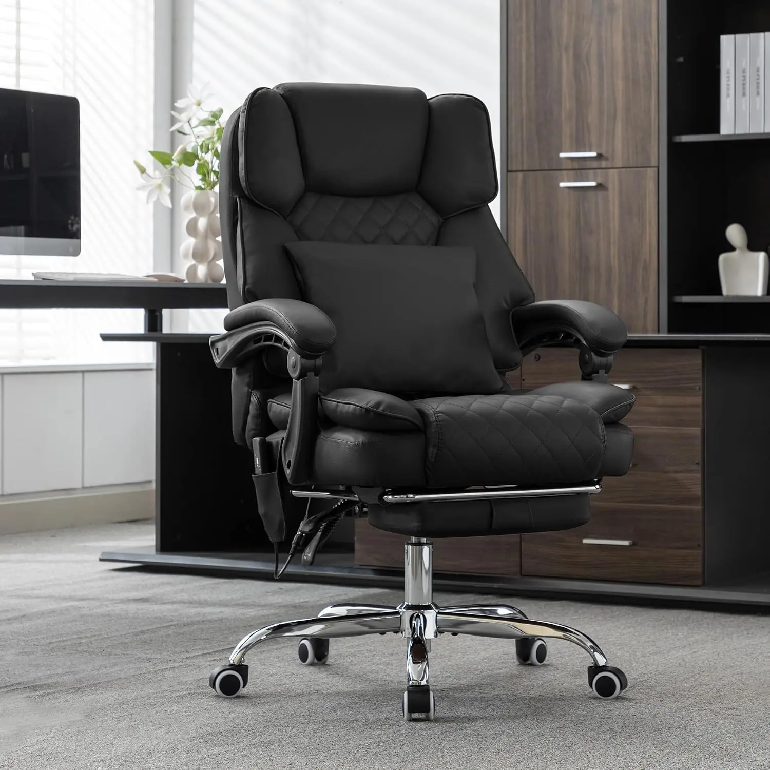 Kneading Heated Massage Office Chair 90-135° Reclining with Footrest, Ergonomic Computer Desk Chair Diamond-Stitched Leather, Cu